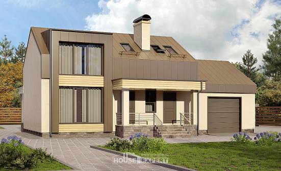 150-015-Л Проект двухэтажного дома мансардный этаж и гаражом, небольшой домик из бризолита | Проекты домов от House Expert